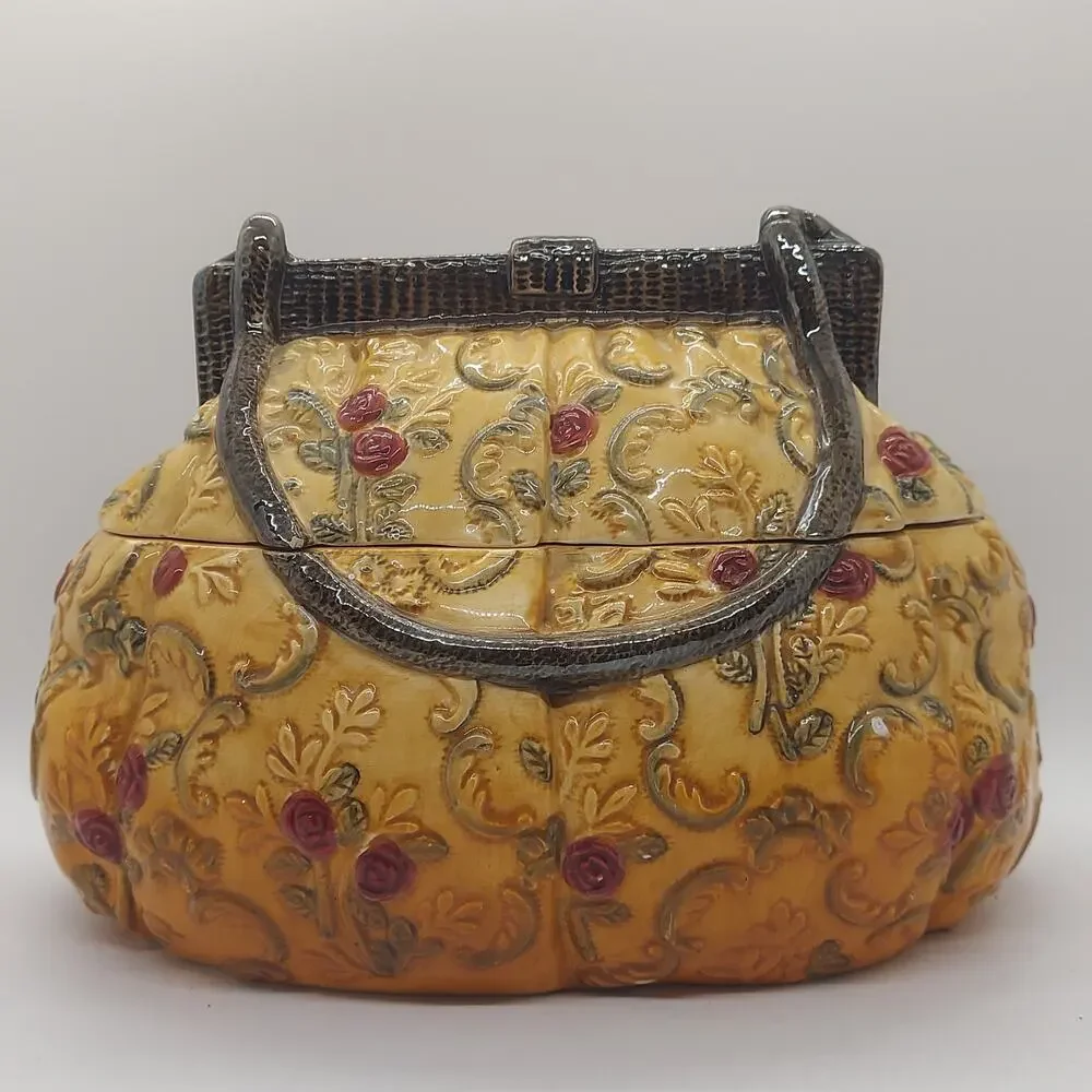 Vintage International Art Ceramic Purse Cookie Jar Handbag Canister Yellow Rose